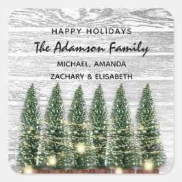 Happy Holidays Frohe Weihnachtsbaum Name Rustikal Quadratischer Aufkleber