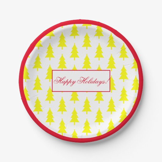 Happy Holidays Gelb auf weißem Baummuster Pappteller (Vorderseite)