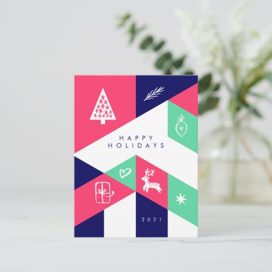 HAPPY HOLIDAYS Geometric Christmas Postcard Postkarte (Stehend Vorderseite)