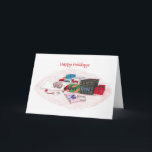 Happy Holidays - Geschenke aus dem Herzen Feiertagskarte<br><div class="desc">Katze,  die sich auf einem von Geschenkboxen umgebenen Umhüllungspapier zum Schlafen aufgerollt hat</div>