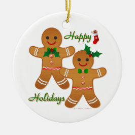 Happy Holidays Gingerbread Man Boy Girl Keramik Ornament