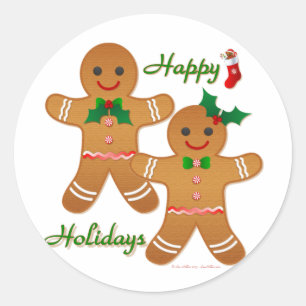 Happy Holidays Gingerbread Man Boy Girl Runder Aufkleber