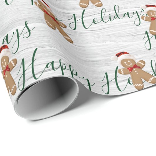 Happy Holidays Gingerbread Man on Birch Geschenkpapier (Rolleneckpunkt)