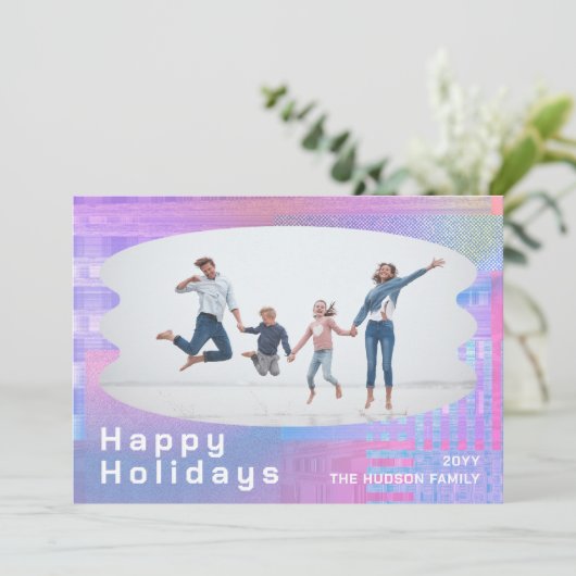 Happy Holidays Glitch Pink Trendy Foto Weihnachten (Stehend Vorderseite)