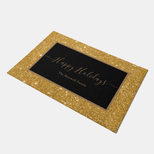 Happy Holidays Glitzer Familienname Fußmatte (Schrägansicht)