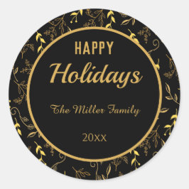 Happy Holidays Gold Blätter auf Black Runder Aufkleber