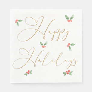Happy Holidays Gold Calligraphy with Holly Sprigs Serviette