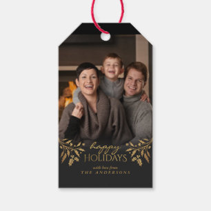 Happy Holidays Gold Foil Christmas Holly Foto Tag Geschenkanhänger