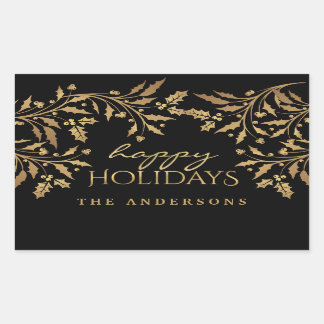 Happy Holidays Gold Imitate Foil Holly Branches Rechteckiger Aufkleber