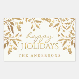 Happy Holidays Gold Shimmer Holly Branches Rechteckiger Aufkleber