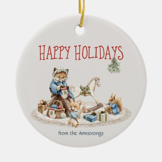 Happy Holidays Granny Children Wasserfarbene Tiere Keramik Ornament (Vorne)