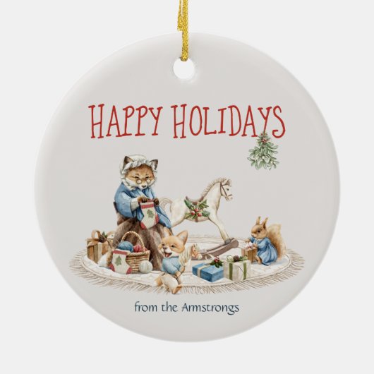 Happy Holidays Granny Children Wasserfarbene Tiere Keramik Ornament (Hinten)