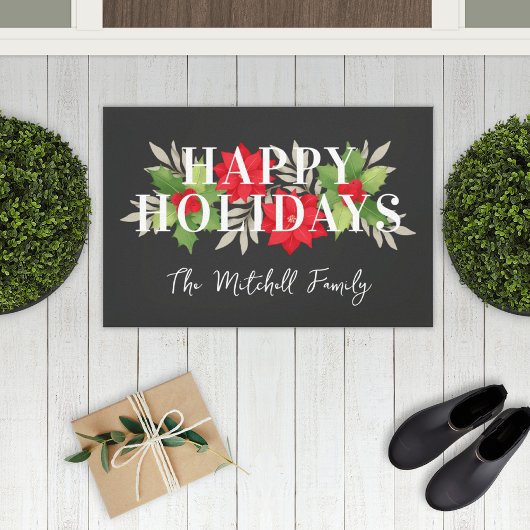Happy Holidays Gray Christmas Floral Familienname Fußmatte