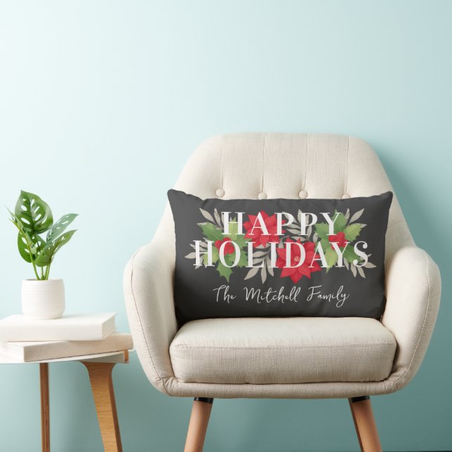 Happy Holidays Gray Christmas Floral Familienname Lendenkissen (Stuhl )
