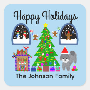 Happy Holidays Gray Poodle Christmas #6 Stickers