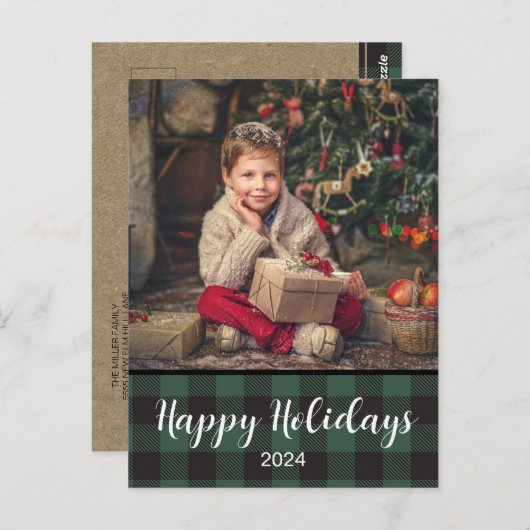 Happy Holidays Green Buffalo Kariert 2024 Postkarte (Vorne/Hinten)