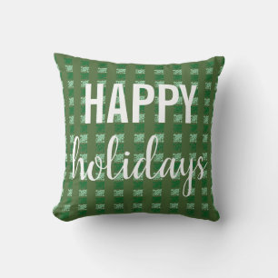 Happy Holidays Green Holly Checkered Kissen