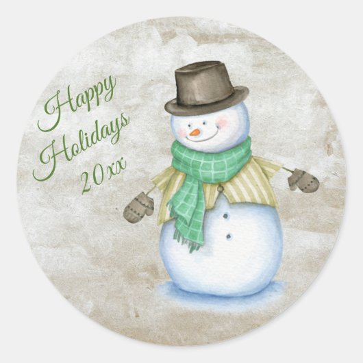 Happy Holidays Green Snowman Script Watercolor Runder Aufkleber (Vorderseite)