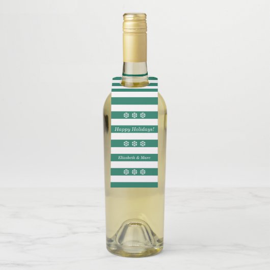 Happy Holidays Green Striped Schneeflocken Wein Flaschenanhänger (Auf Flasche)