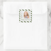 Happy Holidays Green White Stripe Foto Quadratischer Aufkleber (Tasche)
