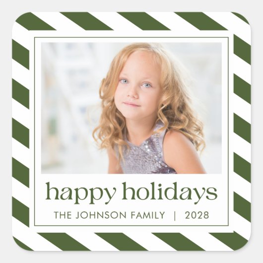 Happy Holidays Green White Stripe Foto Quadratischer Aufkleber (Vorderseite)