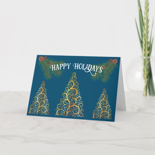 Happy Holidays Gretting Card Trees Gold und Blau Dankeskarte (Vorderseite)