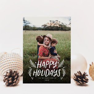 Happy Holidays Handgezeichnetes Pine Berries Foto Feiertagskarte