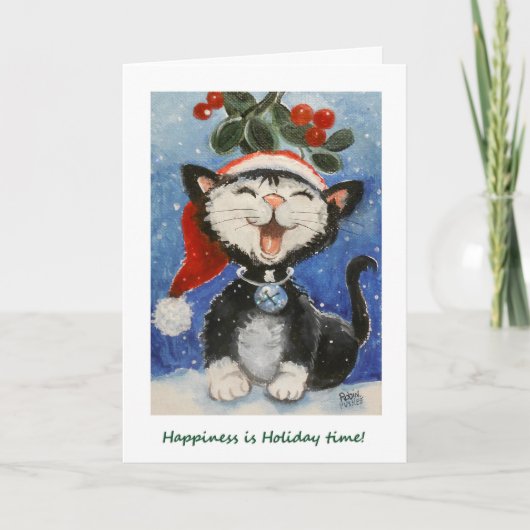 Happy Holidays, Happy Cat unter mistletoe Karte (Vorderseite)