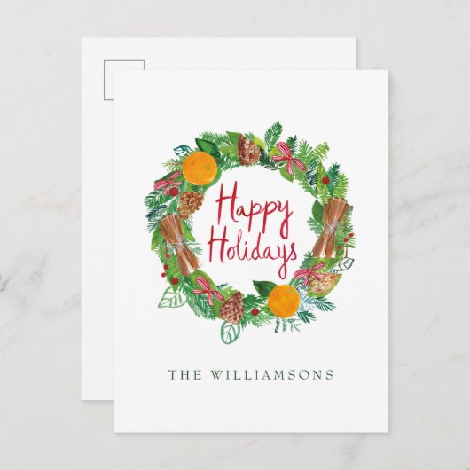 Happy Holidays | Holiday Wreath Postkarte (Vorne/Hinten)