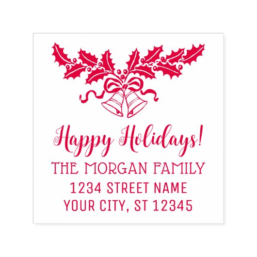 Happy Holidays Holly and Bells Name Rücksendeadres Permastempel (Design)
