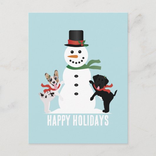 Happy Holidays Hunde Gebäude A Snowman Postkarte (Vorderseite)
