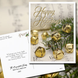 Happy Holidays Jingle Bells Gold White Feiertagspostkarte