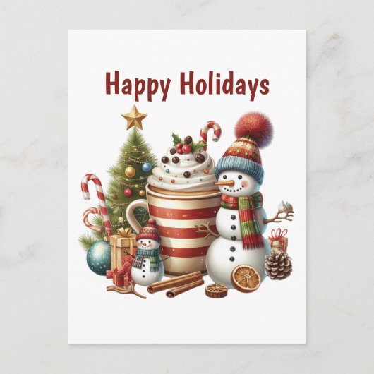 Happy Holidays Kaffeesnowman Feiertagspostkarte (Vorderseite)