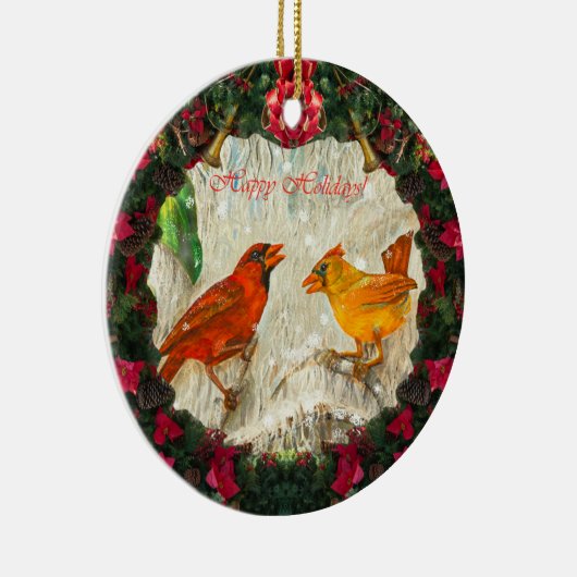 Happy Holidays Kardinal Vögel Keramik Ornament (Rechts)