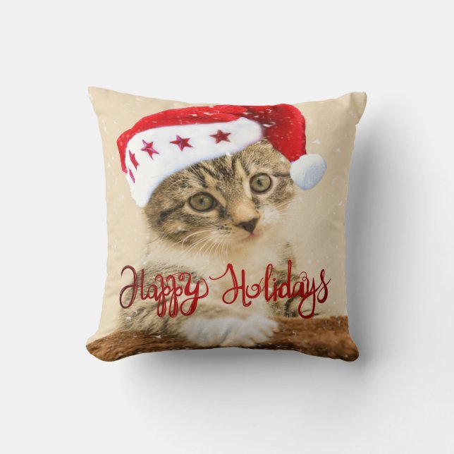 Happy Holidays, Katze mit Weihnachtsmannmütze Kissen (Vorderseite)