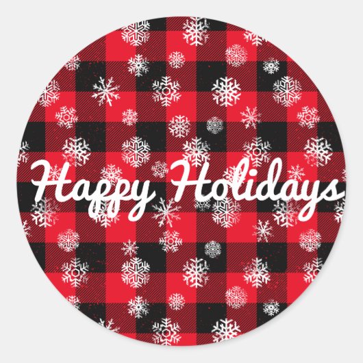 Happy Holidays l Snowflakes Rotes Buffalo Kariert Runder Aufkleber (Vorderseite)