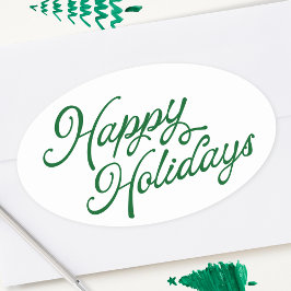 Happy Holidays Lettering Green und White Ovaler Aufkleber