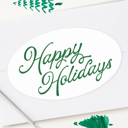 Happy Holidays Lettering Green und White Ovaler Aufkleber