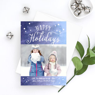 Happy Holidays Lila Blue Snowy Watercolor Foto Feiertagskarte