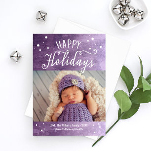 Happy Holidays Lila Snowy Watercolor Foto Feiertagskarte