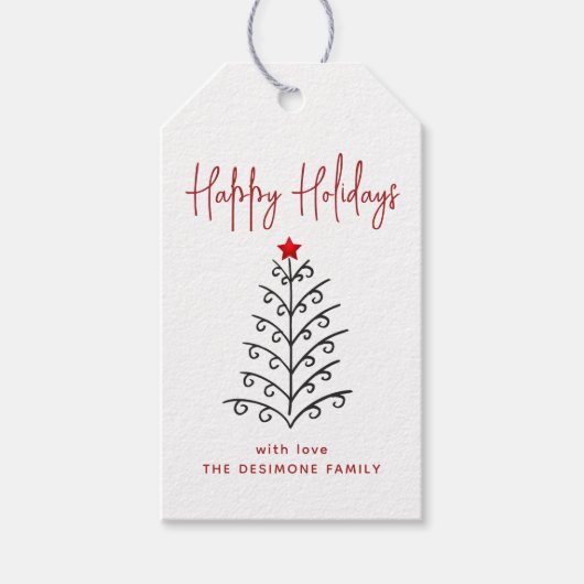 Happy Holidays Line Art Tree Rot Geschenkanhänger (Vorderseite)