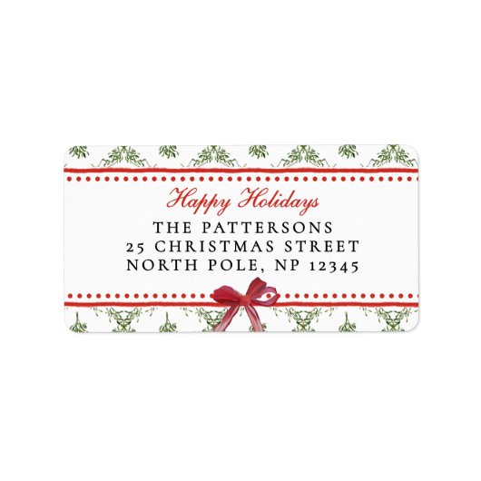 Happy Holidays Mistletoe Red Bow Custom Christmas Adressaufkleber (Vorne)