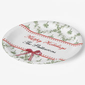 Happy Holidays Mistletoe Red Bow Custom Christmas Pappteller (Schrägansicht)
