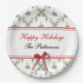 Happy Holidays Mistletoe Red Bow Custom Christmas Pappteller (Vorderseite)