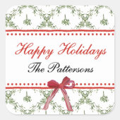 Happy Holidays Mistletoe Red Bow Custom Christmas Quadratischer Aufkleber (Vorderseite)