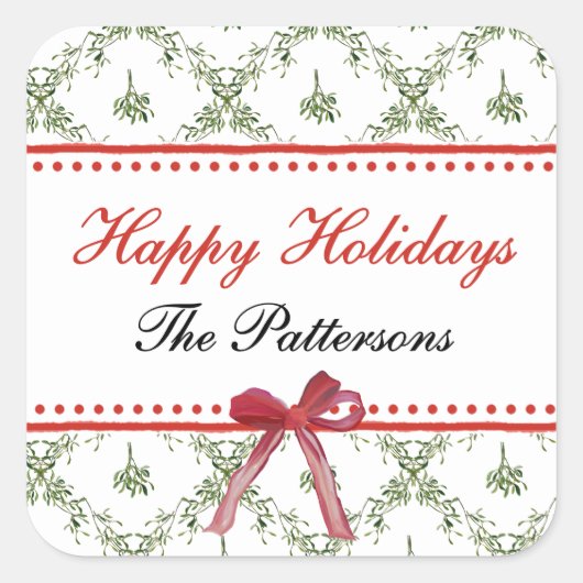 Happy Holidays Mistletoe Red Bow Custom Christmas Quadratischer Aufkleber (Vorderseite)