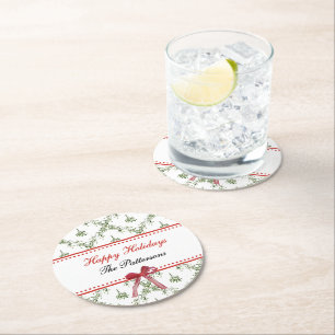 Happy Holidays Mistletoe Red Bow Custom Christmas Runder Pappuntersetzer