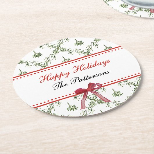 Happy Holidays Mistletoe Red Bow Custom Christmas Runder Pappuntersetzer (Angewinkelt)