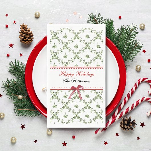 Happy Holidays Mistletoe Red Bow Custom Christmas Serviette