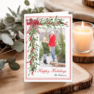 Happy Holidays Mistletoe Red Bow Family Foto Feiertagskarte